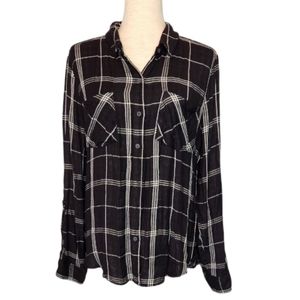 Lucky brand womens classic black Plaid blouse shirt top long sleeve collar butto